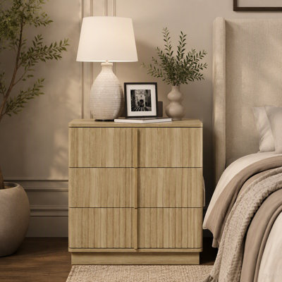 Table basse moderne 25,39 po à 3 tiroirs et à rayures verticales, rétro et économique, idéale pour la chambre à coucher, le salon et le bureau personnel, naturel