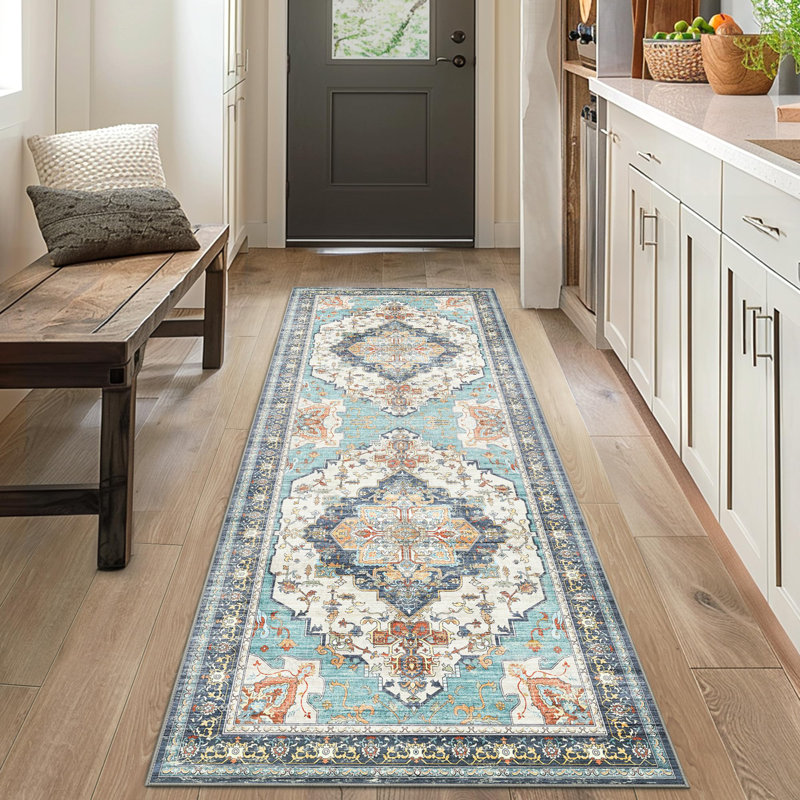 Oriental Area Rug, Vintage Low Pile Non-Slip Machine Washable Area Rug, Orange, Runner 80 x 300 cm