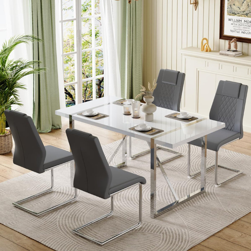 Ensemble de salle à manger rectangulaire L 31,5 po x l 55,12 po Minday, Gris/argent, Argent argent, 5