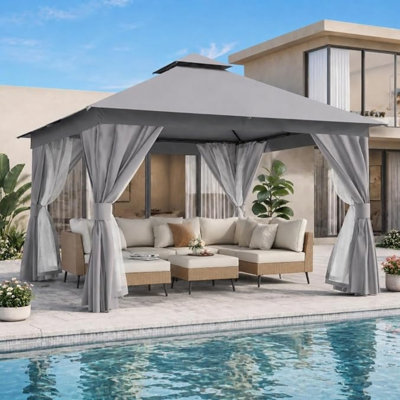 Heavy Duty Metal Frame Gazebo Canopy with Double Roof, Water-Resistant Polyester Fabric, Mosquito Netting & Privacy Curtains for Backyard, Patio, Garden