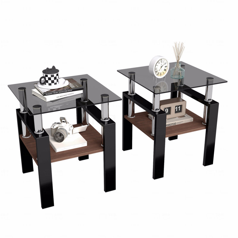 Table basse carrée en verre, ensemble de 2 tables de salon, ensemble de 2 tables de thé moderne trempé avec plateau en MDF et table de bout gris / noir