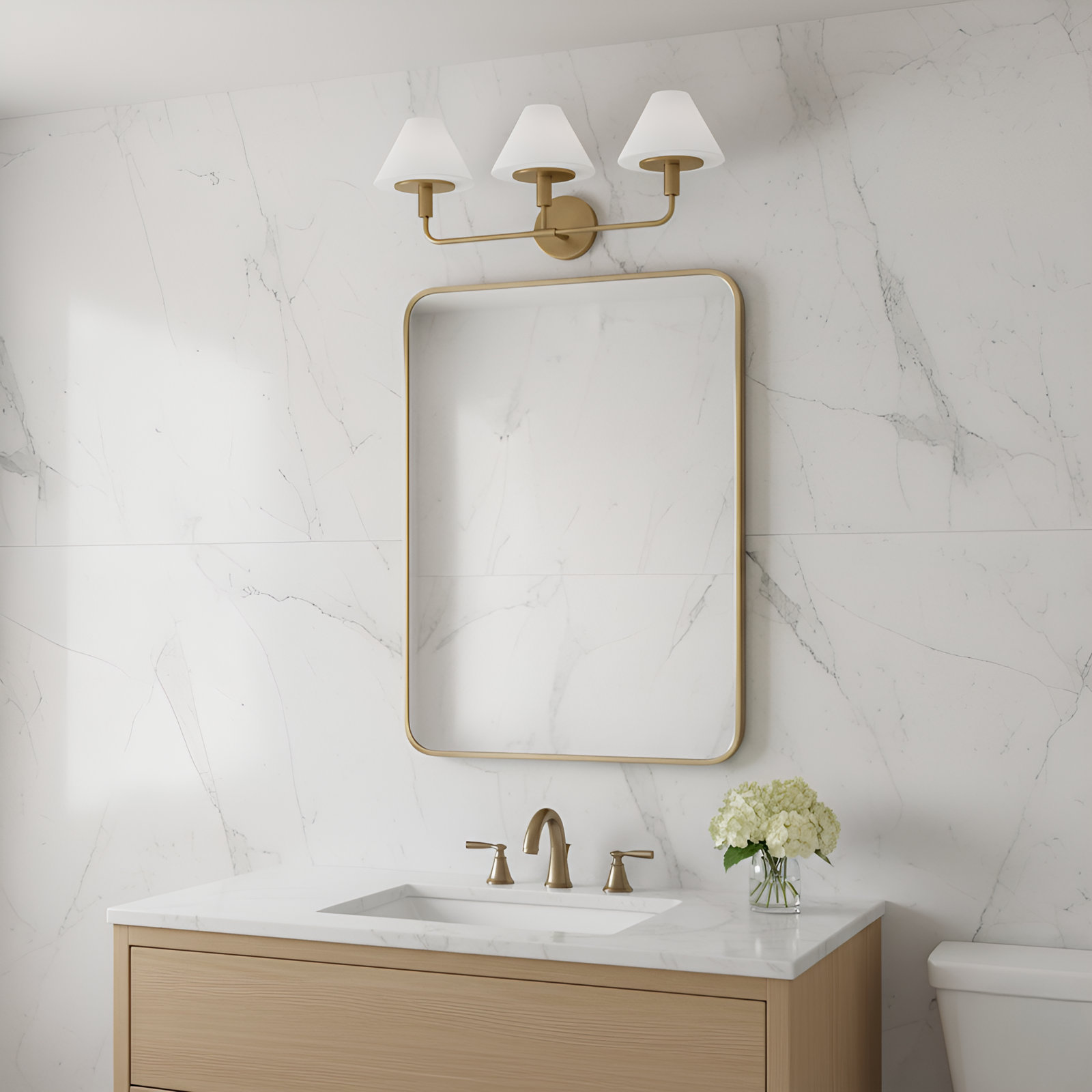 Kristin Medium Sconce, 11" H x 27" W x 8.875" D, Satin Brass, 3 Lights