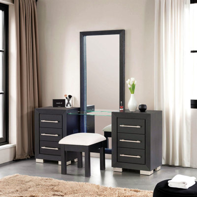 Mobilier de chambre à coucher de style contemporain avec meuble-lavabo 1 pièce avec pieds en métal et port USB avec glissières à roulement à billes et plateau en verre