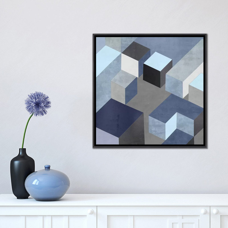 «Cubic in Blue I» par Todd Simmons - impression d'art graphique, H 18 po x l 18 po x 1,5 po, Toile avec cadre noir patiné