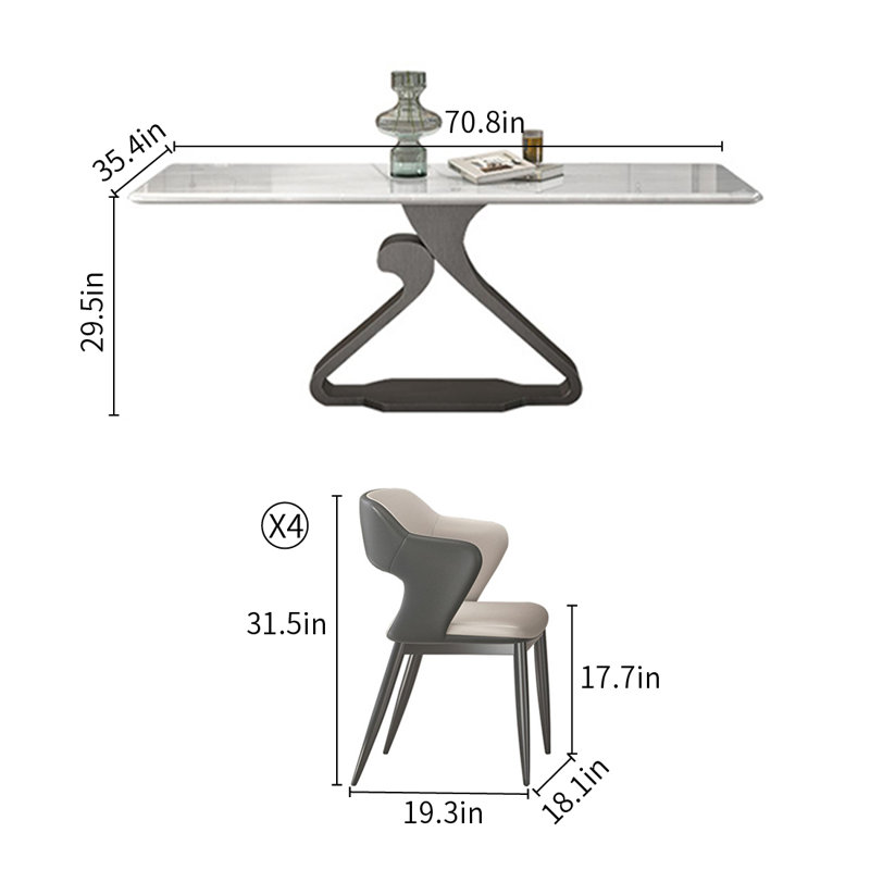 Thick Luxury Marble Rectangular Dining Table Sets, 29.5”H x 70.8”L x 35.4”W