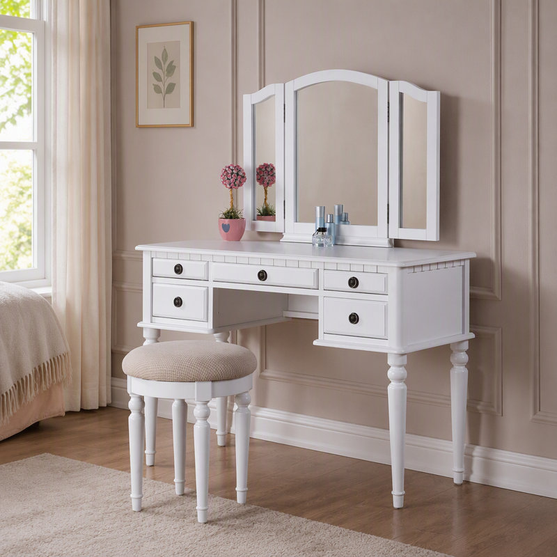 Ensemble de coiffeuse contemporaine pour chambre à coucher avec miroir pliable, tabouret et tiroirs de rangement pour un coin maquillage élégant
