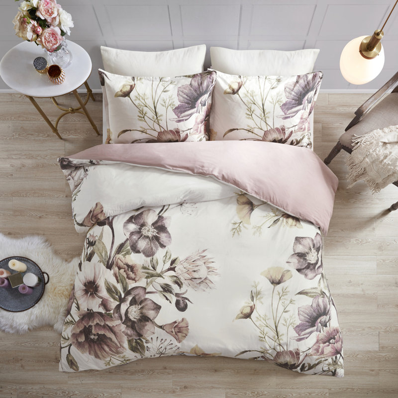 Housse de couette en coton double / grand, thème, imprimé floral rosé, 1 et 2 taies décoratives, fermeture à boutons, attaches de coin, avec attaches pour garder l'insertion stable,