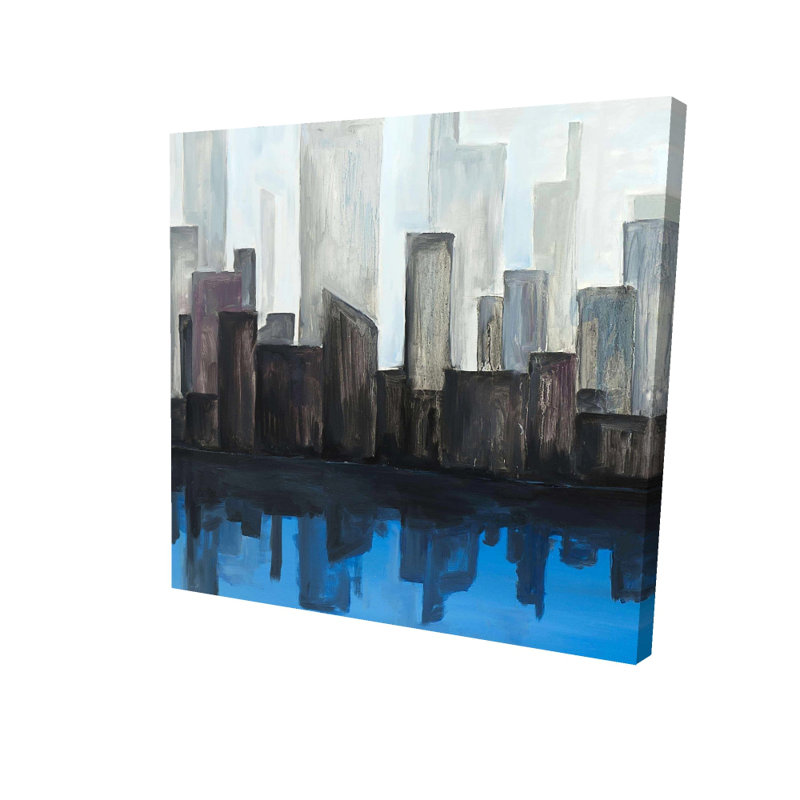 Vue d'une ville bleue - Art contemporain sur toile, H 24 po x l 24 po