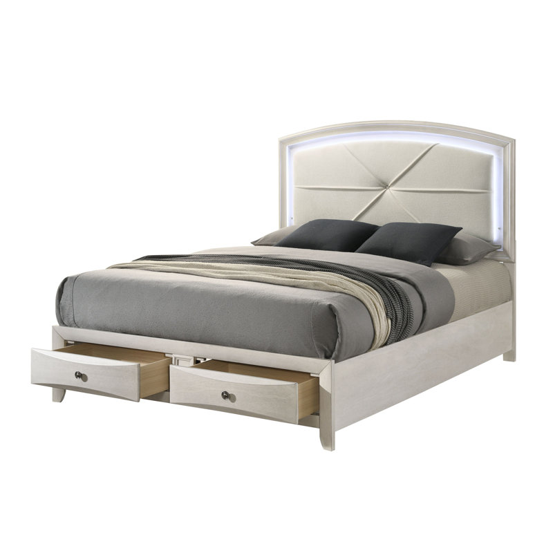 Grand lit Ramondi blanc antique avec rangement et DEL, Grand lit