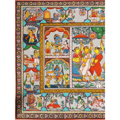 Peinture du dieu indien Krishna Leela | Peinture de Patta sur soie de tussar
