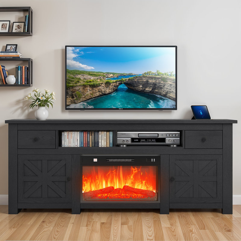 70" Farmhouse Style Media Center Media Console Media TV Stand  with 23" Electric Fireplace, Black