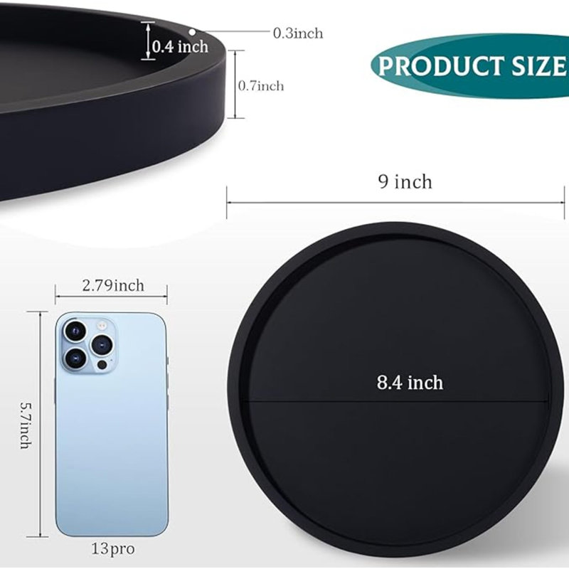 Silicone Bathroom Tray Round Vanity Tray Decorative Soap Holder Kitchen Countertop Organizer Coffee Table Decor For Candle, Perfume, Plant, 9 Inch, Black