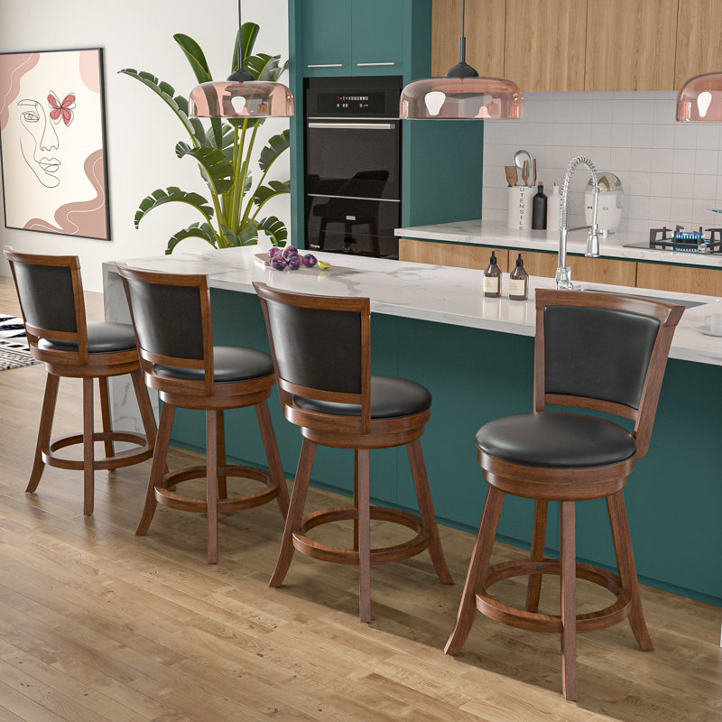 Swivel Upholstered Counter Stool with Solid Wood Frame, Bar Stool (29" Seat Height), Black Seat/Brown Base