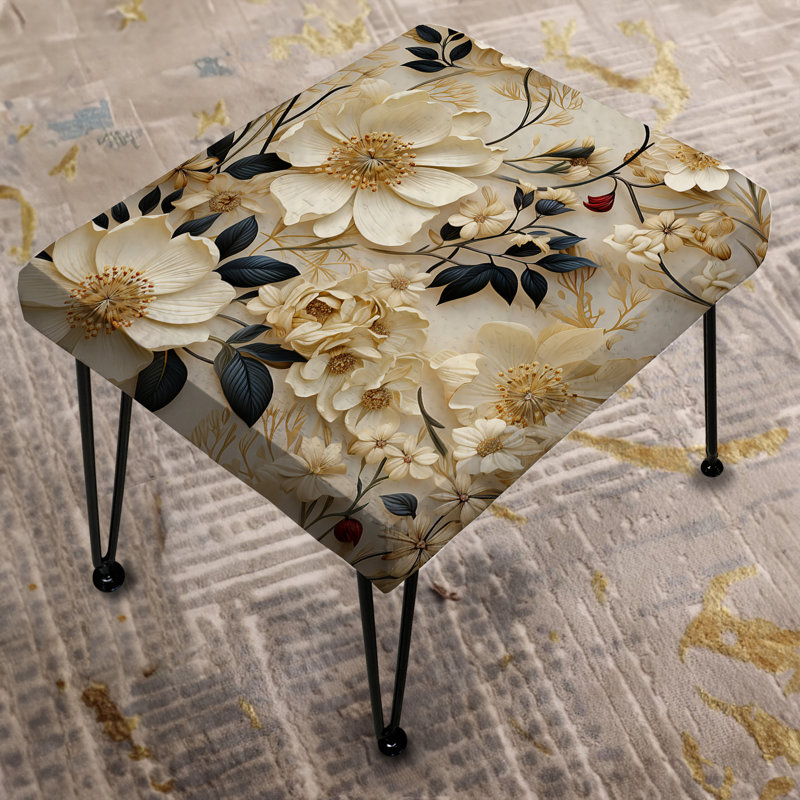 Alerte - Cream Delicate Lace Flower Botanic I - Floral Rectangle Ottoman