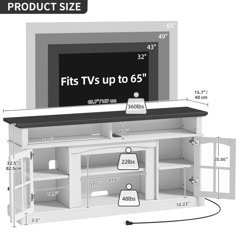 65.7" W Farmhouse LED TV Stand, TV Console Table with USB Port and Outlet, White