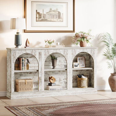 63-Inch Long Farmhouse Wooden Rectangular Entryway Console 3 Tier Storage Sofa Table Behind Couch