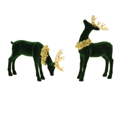 Emerald Velvet Deer Figurines with Gold Antlers