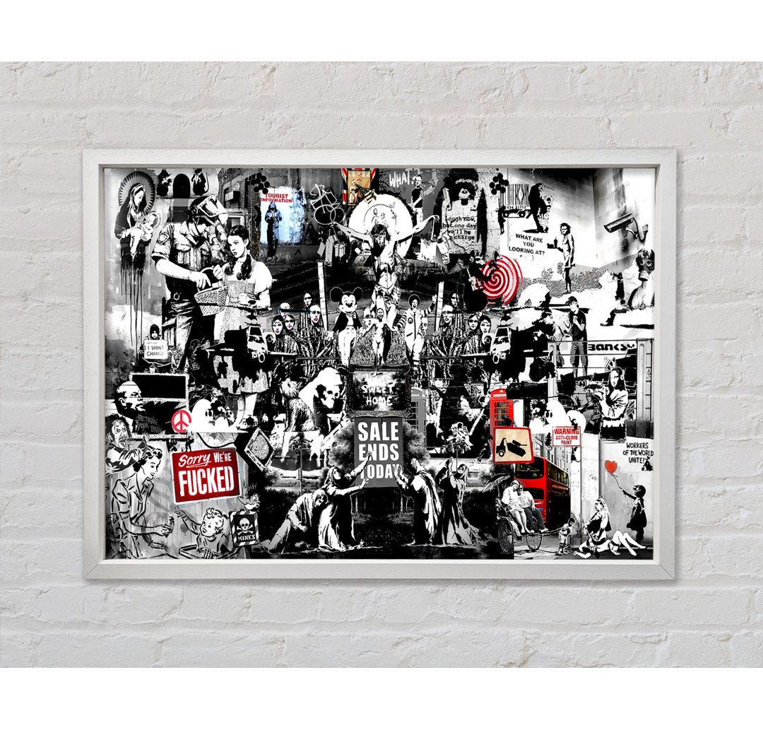 Banksy Collage 1 B N W - Einzelner Bilderrahmen Kunstdrucke auf Leinwand