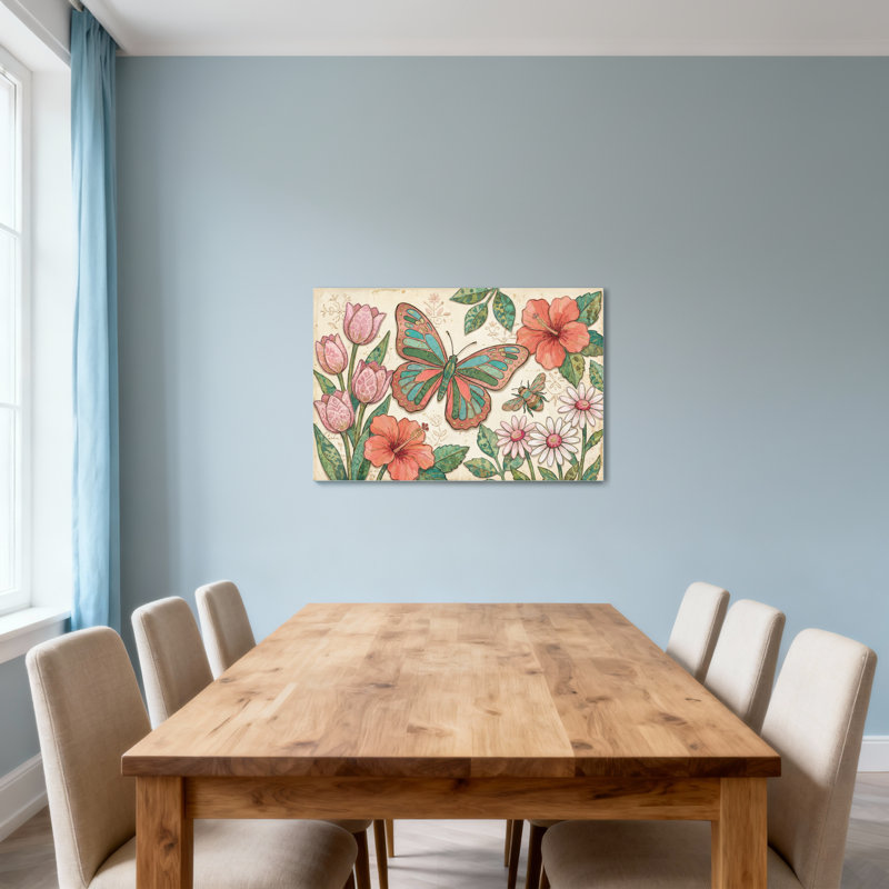 Animaux, papillon, fleurs, tulipes, hibiscus, marguerites, feuilles, motif d'insectes