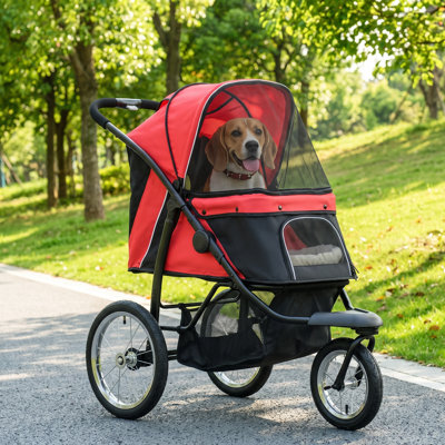 Poussette pour chiens de taille moyenne, poussette pour animaux 3 roues, chariot pour chien, chariot pour chien avec auvent réglable rouge