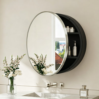Armoire à pharmacie ronde 24 x 24 pour salle de bain, miroir circulaire en nickel brossé avec cadre en verre incassable et en acier inoxydable, tablettes amovibles, fixation murale