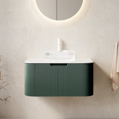 Meuble-lavabo et lavabo de salle de bain 30 po avec bordures incurvées à rayures avec tiroir, vasque en verre cristal transparent et plateau en pierre frittée, pré-assemblé, vert foncé
