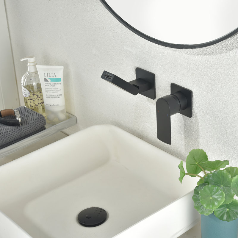 Solid Brass Wall Mounted Bathroom Sink Faucet With Optional Drain Assembly, Matte Black, Drain Assembly Not Included