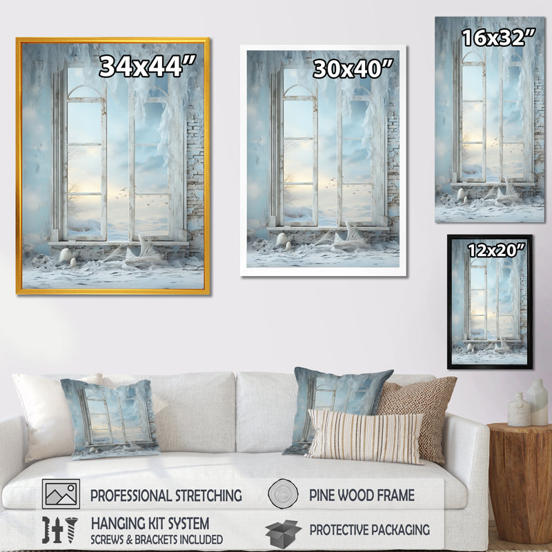 «Winter Window Frozen Glass I», art mural paysage d'hiver, Cadre flottant noir, H 32 po x l 16 po x P 1 po
