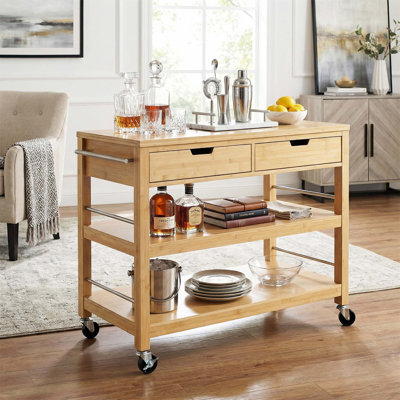 Indoor Multifunctional Bamboo Bar Cart with Locking Wheels, Drawers, and Open Shelves - Ideal for Kitchen, Dining, and Entertaining