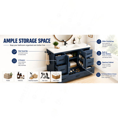 Meuble-lavabo de 122 cm avec lavabo, meuble de salle de bain autoportant de style campagnard avec comptoir en céramique, dosseret, 7 tiroirs de rangement, portes à panneaux en X, étagères réglables, rangement dans la porte et porte-serviettes latéral