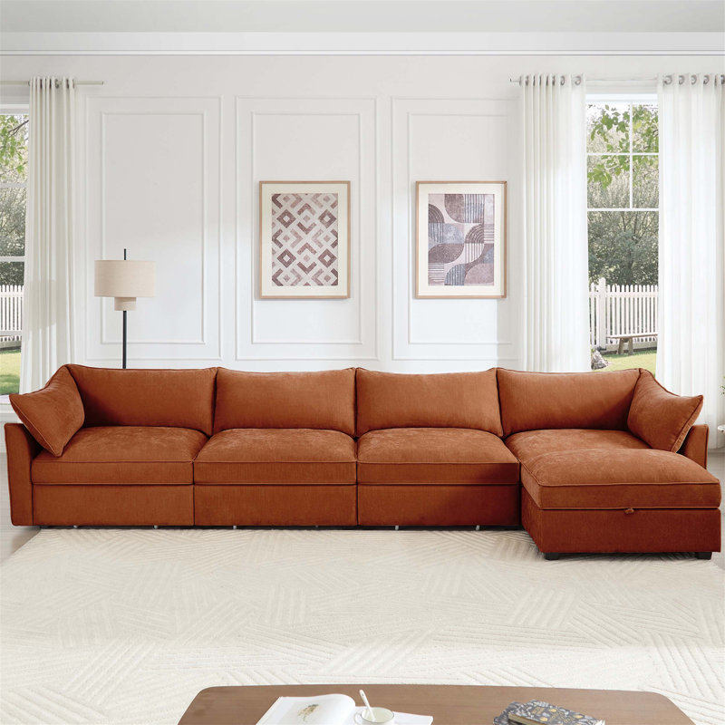 Canapé modulaire en L à 4 places avec repose-pieds mobile, accoudoirs en forme de croissant et coussins enveloppants en tissu chenille