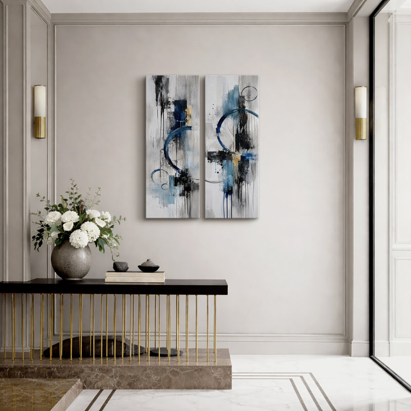 Ensemble de 2 impressions d'art murales encadrées sur toile, motif géométrique abstrait bleu et noir à coups de pinceau, 81 x 30 x 5 cm