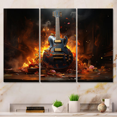Orange Black Fire Guitar Tools Music On Canvas 3 Pieces Print