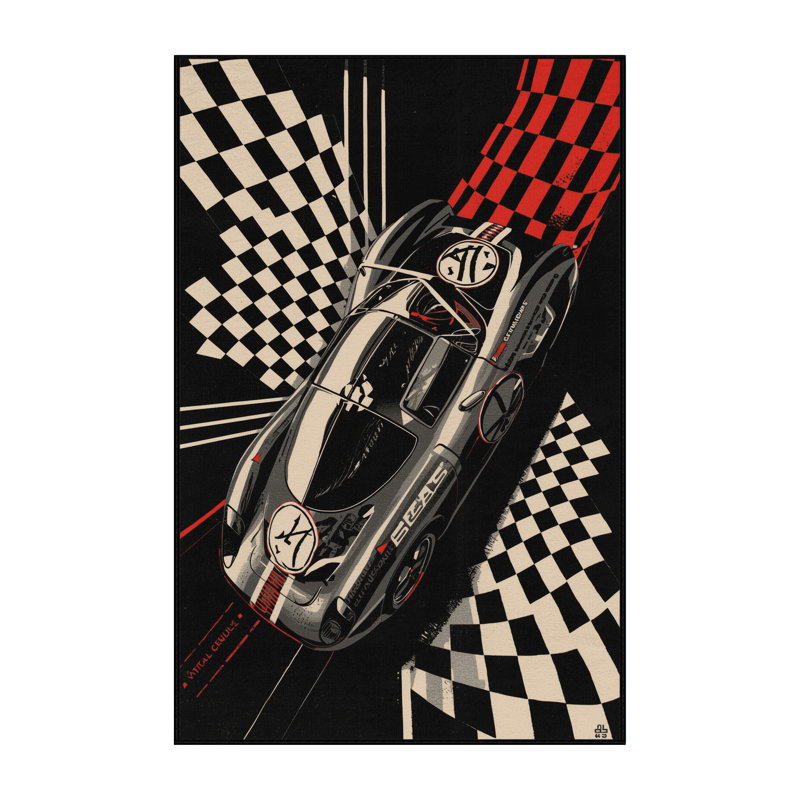 Machine Washable Mendon Retro Race Car Retro Checkered Rug in Black – Black Binding, 2x3