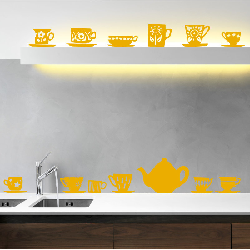 Décalcomanie murale tasses de thé, H 32 po x l 33 po x P 0,01 po, Jaune signalisation