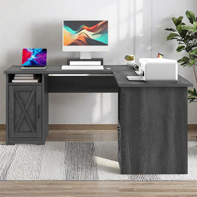 Daneka L-Shaped Computer Desk with Built-In Electrical Outlet, Gray