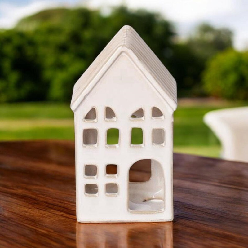 Cream Ceramic House Tealight Holder | Hand Finished Cosy Townhouse Design Decorative Candle Holder for Home Interior