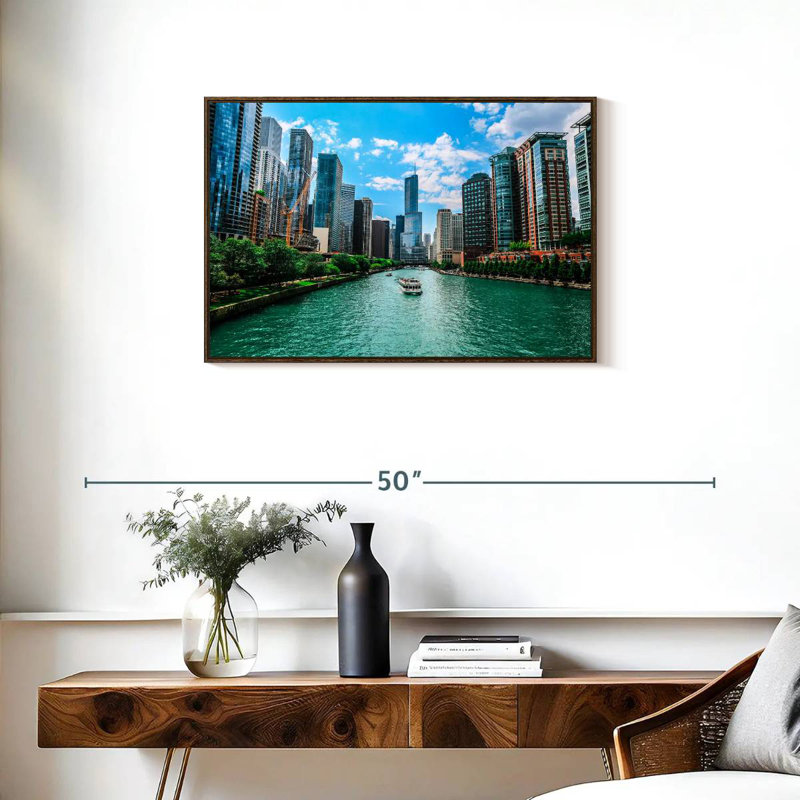 Chicago Urban River, 31 po x 21 po, Cadre flottant noyer