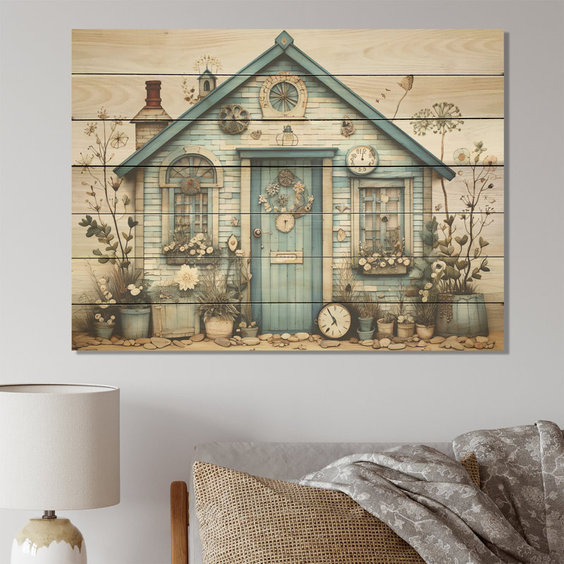 «Blue Beach House Collage Tranquility», impression de paysage sur bois, H 10 po x l 20 po