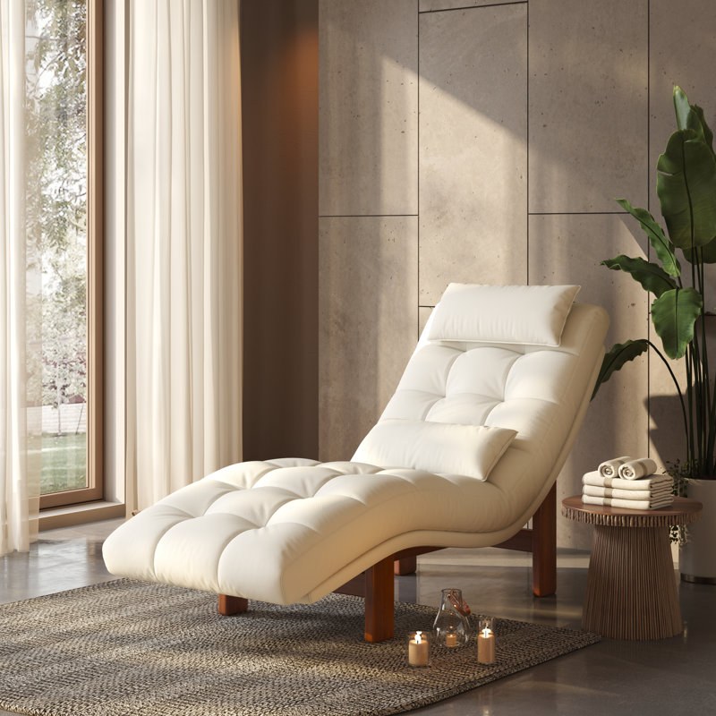 Faux Leather Upholstered Chaise Lounge with Headrest and Lumbar Pillow, Beige Faux Leather
