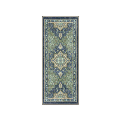 Roehit Oriental Performance Navy / Sage 2'5" x 8' Runner Rug, Machine Washable