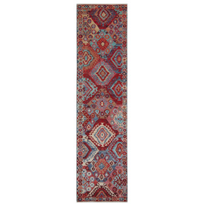 Tapis rouge et bleu noué à la main de haute qualité