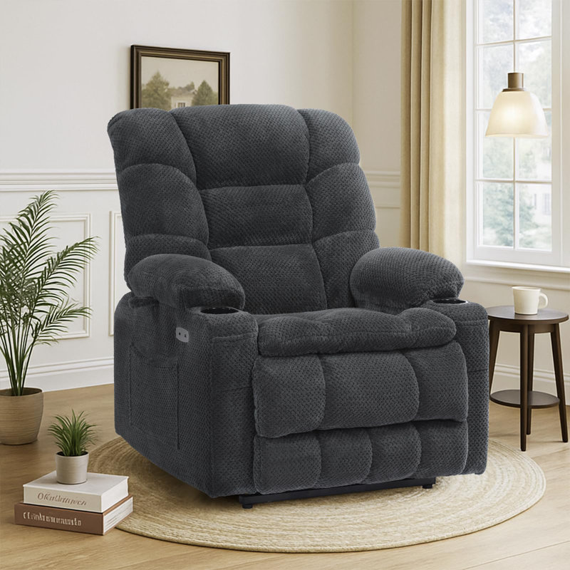 Fauteuil releveur électrique inclinable à plat avec fonction chauffante et massante, double moteur, pour personnes âgées en convalescence postopératoire, supporte jusqu'à 180 kg, porte-gobelets, coussin lombaire, gris foncé