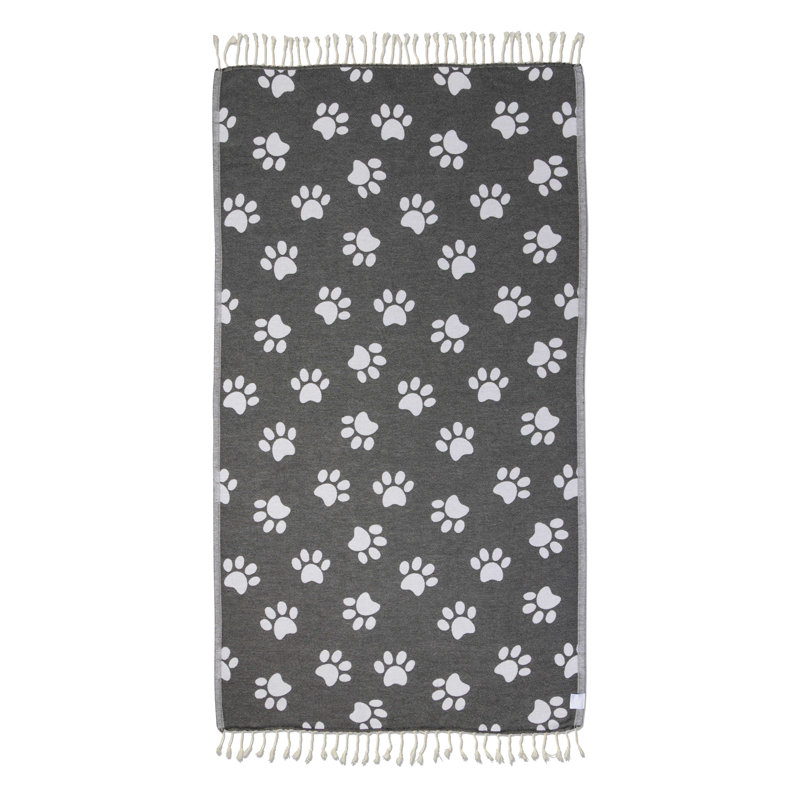 Chanyah Paw Print Turkish Towel, Sand Resistant Organic Cotton Beach Peshtemal, Soft, Thin & Lightweight, 66" x 36", Black