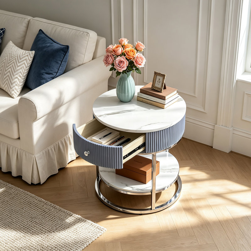 Frame End Table, Calacatta White/Silver, Silver