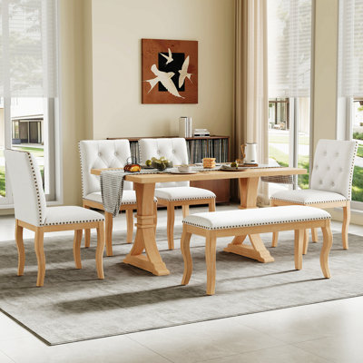 Ensemble de table de salle à manger 6 pièces avec banc, ensemble de table de salle à manger à finition chêne avec 4 chaises capitonnées à boutons, garniture cloutée, pieds en bois courbés, mobilier de salle à manger de style maison de campagne
