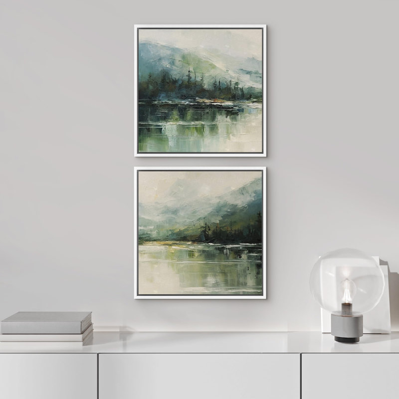 Vert, brume, montagne, réflexion, lac serein, nature, paysage, illustrations, art moderne, calme minimal, H 24 po x l 24 po