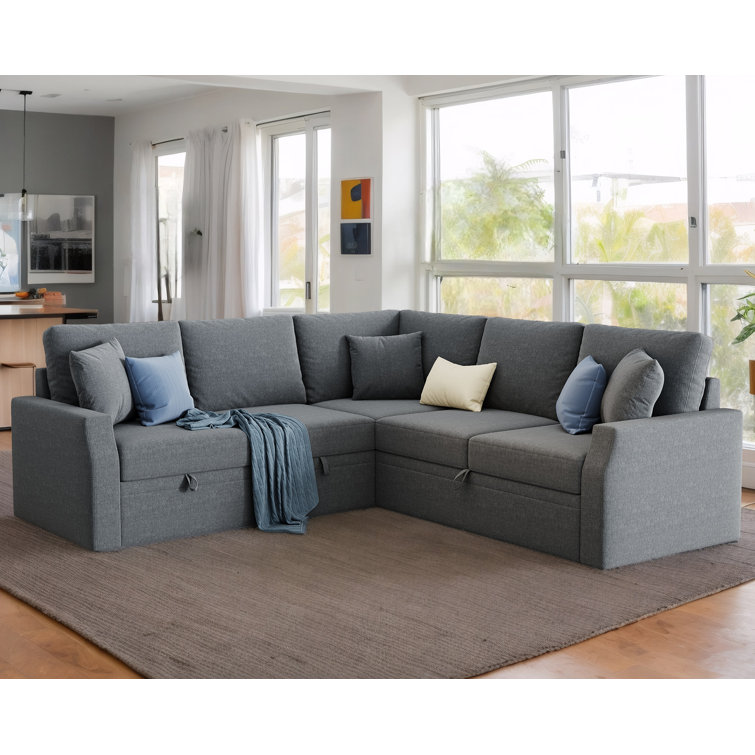 Sofa Bed, Sleeper Sofa with Pull Out Bed & Storage Seat, L Shape Sofa for Living Room, Beige Linen
