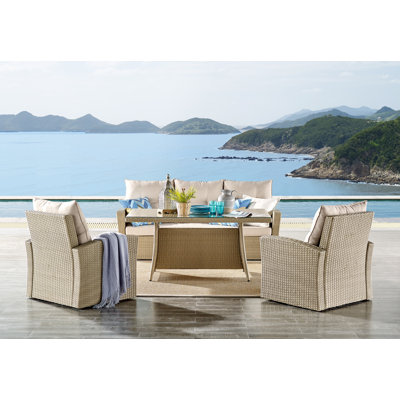ASTI 4Pc All-Weather Wicker Outdoor Dining Set with Sofa, Arm Chairs