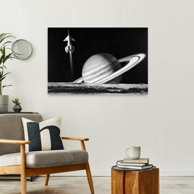 1960s SPACE ROCKET FLYING PAST SATURN WITH SURFACE OF ANOTHER PLANET IN FOREGROUND by H. Armstrong Roberts - Wrapped Canvas Print